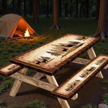 Imagem de Capa de mesa de piquenique de veado marrom 76 x 182 cm com capa de banco e bolsa com cordão, toalha de mesa impermeável lavável ao ar livre, retangular com bordas elásticas para acampamento, viagens
