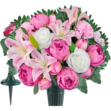 Imagem de Naramiji Flores artificiais de cemitério para decorações de túmulos: buquê de rosas de lírio de hibisco com vaso – Ideal para homenagens de simpatia e memorial