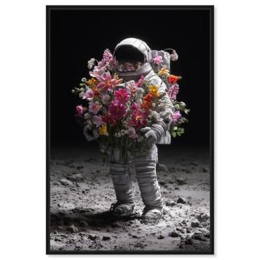 Imagem de Arte de parede de astronauta com impressão em tela Lunar Bloom por Art Remedy, moldura preta, 40,6 x 61 cm