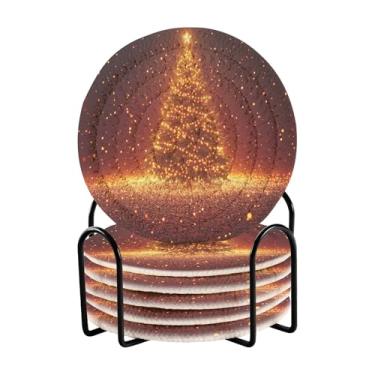 Imagem de Blueangle 6 peças de porta-copos de árvore de Natal estrelas brilhantes para bebidas, porta-copos de tecido redondo super absorvente para mesa de café, proteção de mesa para decoração de casa (534)