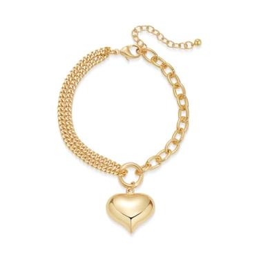 Imagem de CUFELMU Pulseira feminina com pingente de coração de ouro, pulseira de elos grossos, ajustável, joias modernas