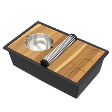 Imagem de Talllor Pia de cozinha composta de granito 28 - Pia de cozinha de granito de 71 cm x 48 cm, estação de trabalho com borda inferior, quartzo preto fosco sob o balcão, pia multifuncional com acessórios