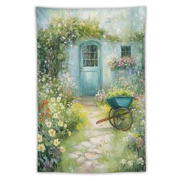 Imagem de Tapeçaria de caminho de casa de campo coberta de flores de primavera, decoração de parede de arte de flores de carrinho de mão de jardim, decoração sazonal aconchegante para sala de estar, quarto