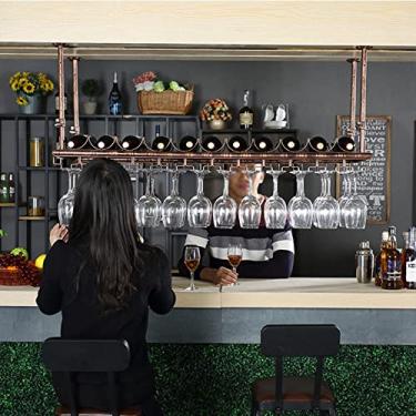 Imagem de Rack de vinho de teto rack de vinho de ferro forjado prateleira de armazenamento de garrafa de vinho suporte para copos de champanhe suporte para copos bar doméstico exibição criativa prateleiras