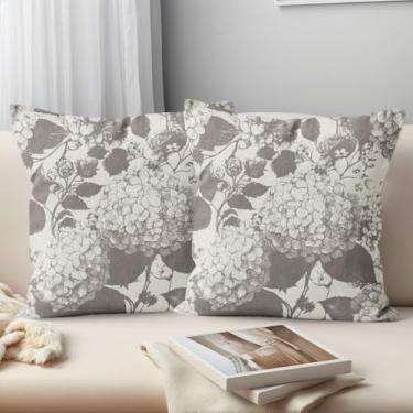 Imagem de MAMYL Conjunto de 2 capas de almofada floral de linho, padrão de hortênsia, capas de almofada vintage boho para sofá, sala de estar, quarto, decoração de casa de fazenda (cinza claro, 56 cm x 56 cm)