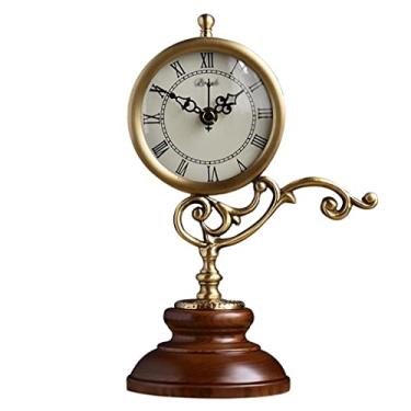 Imagem de Relógio de mesa de cobre silencioso estilo europeu sala de estar relógio de mesa antigo relógio de cobre quarto relógio moderno de madeira maciça (cor: A, tamanho: 10,5 * 24,5 cm)