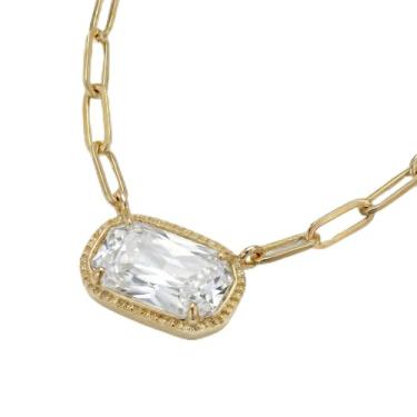 Imagem de DEPHINI Colar com pingente feminino – Colar com clipe de papel banhado a ouro 18 K com zircônia cúbica de corte esmeralda rosa – Presente moderno para ela, Small, Metal, Zircônia cúbica