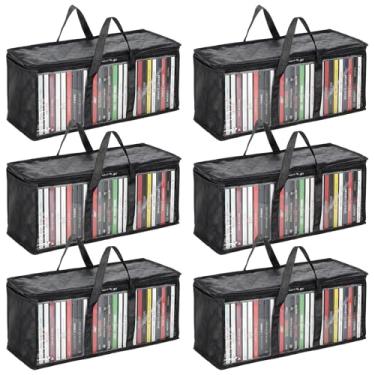 Imagem de Pacote com 6 sacos de armazenamento de DVD transparentes com alças, estojo organizador de livros multiuso, suporte de mídia de grande capacidade para DVDs, CDs, Blu-ray, filmes, álbuns e videogames