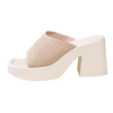 Imagem de Sandálias Baotou casuais femininas com meio chinelo grosso design de salto plataforma calçado confortável feito de poliuretano, Bege, 36