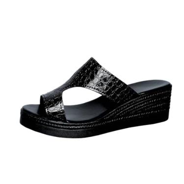 Imagem de Sandálias femininas de salto cunha bico redondo para primavera e verão, sapatos casuais confortáveis plus size com 5,5 cm de altura, Preto, 38