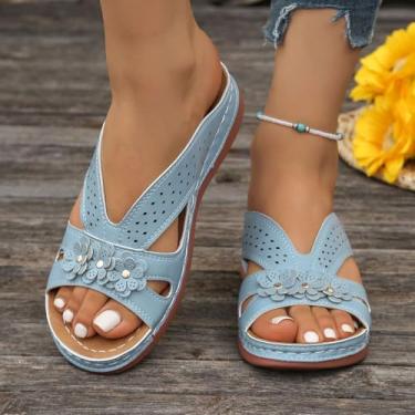 Imagem de Sandálias femininas de salto baixo com plataforma elegante, bico aberto, flor, confortável, caminhada, casual, sem cadarço, sapatos de verão, Azul, 40