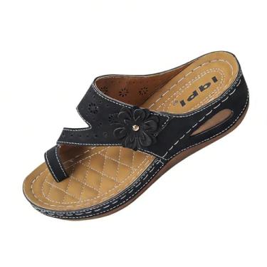 Imagem de Sandálias femininas de cunha com decoração floral, chinelos confortáveis para primavera e verão, Preto, 36