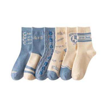 Imagem de Meias Femininas Listradas De Cano Médio Com Letras, 5 Pares, Moda Prim