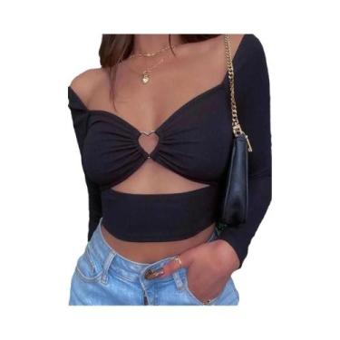 Imagem de Blusa Feminina Cropped Vazada Com Decote V E Manga Longa, Canelada, Se