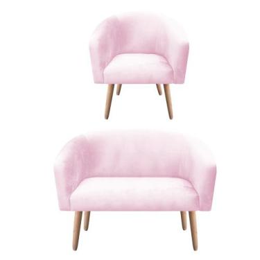 Imagem de Kit 01 Namoradeira 02 Lugares e 01 Poltrona Stella Suede Rosa Bebê Pés