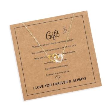 Imagem de Agriajun Colar feminino com pingente de coração de amor duplo para namorada, presente de zircônia cúbica, branco, dourado, prata, strass, para sempre, dia dos namorados, Natal, aniversário, formatura