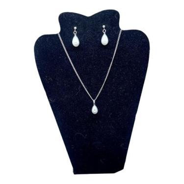 Imagem de Conjunto Feminino CHOKER Colar Brinco Aço Inox Pérola GOTA