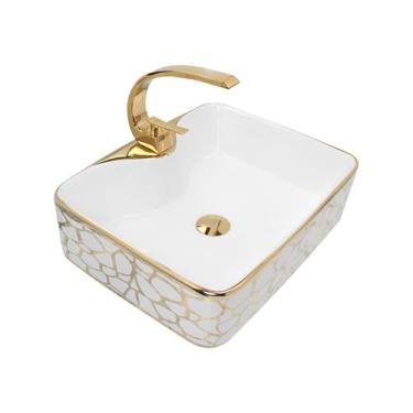 Imagem de Kit Cuba Pia Louça Cerâmica Banheiro C/Torn e Vál Dourada 89 - Smart N