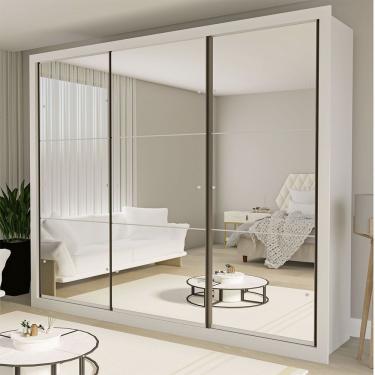 Imagem de Guarda Roupa Casal Ravena 3 Portas de Correr 6 Gavetas MDP com Espelho Branco Minastex