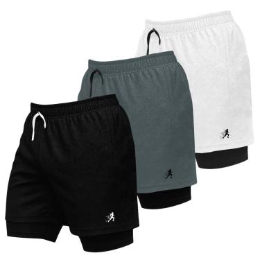 Imagem de Kit 3 Shorts Masculinos 2 em 1 para Treinos com Visual e Estampa Esportivo-Masculino