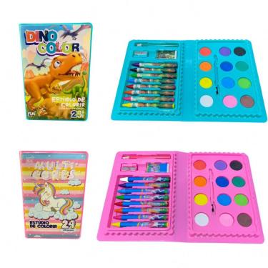 Imagem de Maleta de Pintura Infantil OEM 24 Peças com Giz de Cera Tinta Aquarela e Desenhos