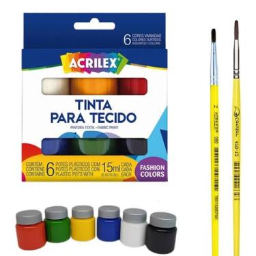 Imagem de Kit Pintura Tecido Acrilex 6 Cores 2 Pincéis Artísticos