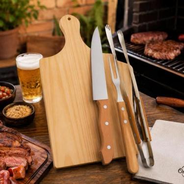 Imagem de Jogo Churrasco 4 Peças Inox Com Tábua De Madeira - ORIGINAL