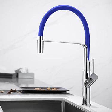 Imagem de Torneira de cozinha puxe para fora prata única alça misturadora de furo único torneira de pia fria e quente 360 ​​torneiras de cozinha de rotação, azul, china