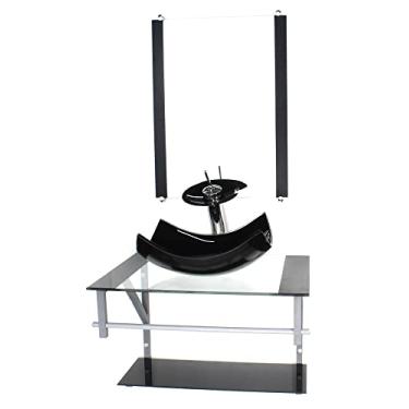 Imagem de GABINETE DE VIDRO PARA BANHEIRO 60CM AC CUBA RETANGULAR CURVADA PRETO COM TORNEIRA CASCATA