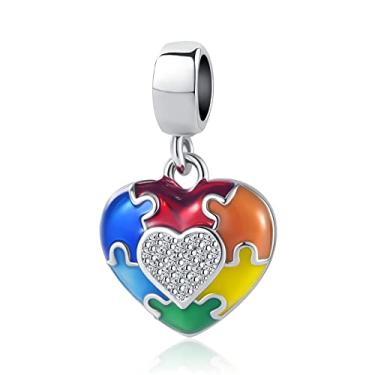 Imagem de NanMuc Peça de quebra-cabeça de conscientização do autismo amor coração pingente pingente de pingente para pulseira Pandora, Metal, Cobre