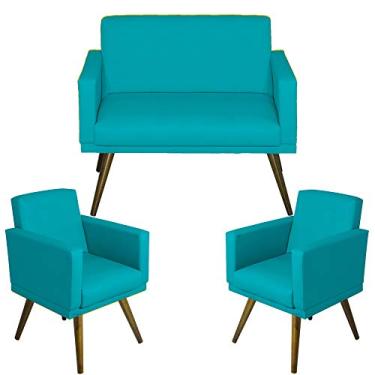 Imagem de Kit Namoradeira +2 Poltronas Recepção Sala Estar Nina Pés Palito Sued Azul Turquesa - Nanda Decor