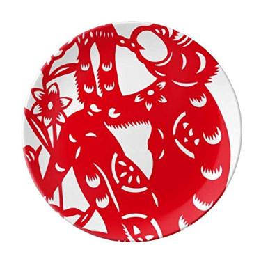 Imagem de Papercut Zodíaco Macaco China Flores Prato Decorativo Porcelana Salver Talheres Prato de Jantar