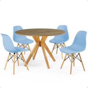 Imagem de Conjunto Mesa de Jantar Redonda Marci Natural 100cm com 4 Cadeiras Eames Eiffel - Azul Claro