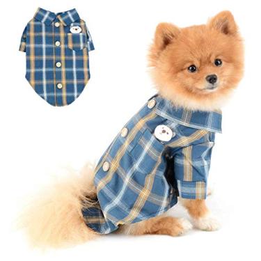Imagem de SELMAI Camisas de cachorro para cães pequenos blusa casual xadrez regatas botões fecho de botão adorável urso bolso respirável gato vestuário filhotes chihuahua roupas meninos meninas legal verão azul
