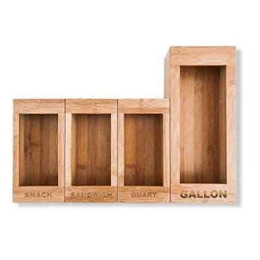 Imagem de Conjunto de 4 peças Caixa de armazenamento de madeira Bolsa Ziplock Suportes de armazenamento de alimentos para gaveta de cozinha Dispenser organizador