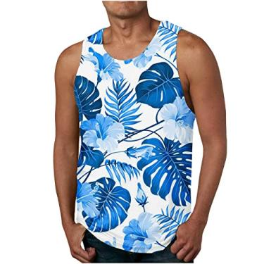 Imagem de Camiseta masculina havaiana regata tropical simples colete masculino gola redonda trilha academia praia verão outono colete 2024, O-372 Azul royal, GG