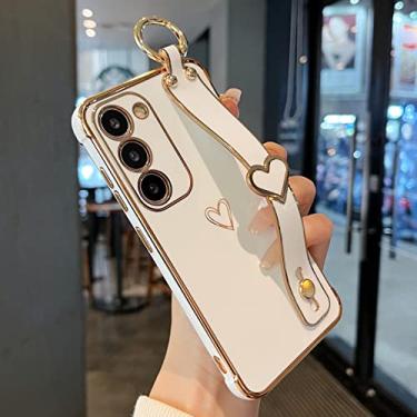 Imagem de ZTOFERA Capa para Samsung Galaxy S23 5G com suporte, suporte de dedo com alça de pulso de luxo com borda de revestimento fofo de coração para meninas e mulheres, capa macia à prova de choque para Galaxy S23 6,1 polegadas, branca