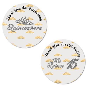 Imagem de 40 adesivos de quinze anos, etiquetas brilhantes redondas grandes de 5 cm, obrigado por celebrar o tema do aniversário de 15 anos de Mis Marmelo, ótimo para lembrancinhas de festa, etiquetas, jogos e