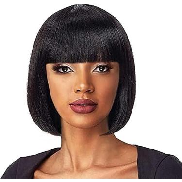 Imagem de Peruca de bob curto com franja em linha reta bob perucas de cabelo humano para mulheres negras nenhum laço frontal perucas curtas sem cola máquina feita meia peruca natural cabelo de cor pre