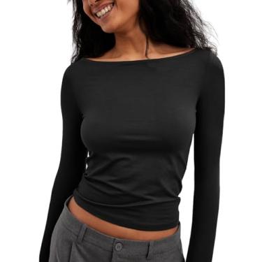 Imagem de Tankaneo Camisetas femininas de manga comprida básicas para sair, camisetas justas com gola canoa Y2K, Preto, M