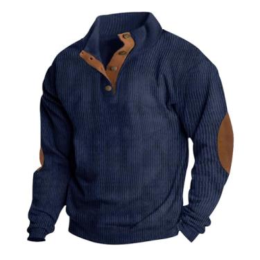 Imagem de Jpngsye Camisas masculinas de veludo cotelê casual gola lapela botão pulôver gola redonda manga longa suéter casual polo moletom, Azul, XG