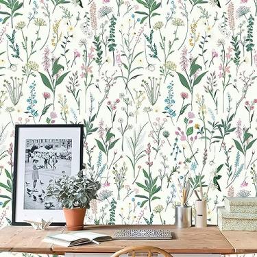 Imagem de Papel de parede floral de vinil papel de parede aquarela flor papel de parede vintage vinil descole e cole papel de parede para armário de cozinha amistoso (cobre 14,2 metros quadrados)