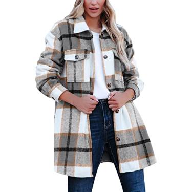 Imagem de JMMSlmax Casaco feminino xadrez de flanela moda inverno casaco trench coat lapela abotoado jaqueta casual casaco shacket, A8, cinza, XXG