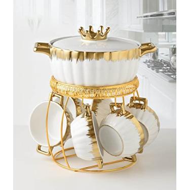 Imagem de TFE's Fancy Ceramic Soup Tureen Bowl Conjunto de presente com 6 tigelas de sopa/copos com alças, suporte e tampa dourados, conjunto de utensílios de cozinha para decoração de casa estilo hotpot para molho de macarrão ramen (branco e dourado)