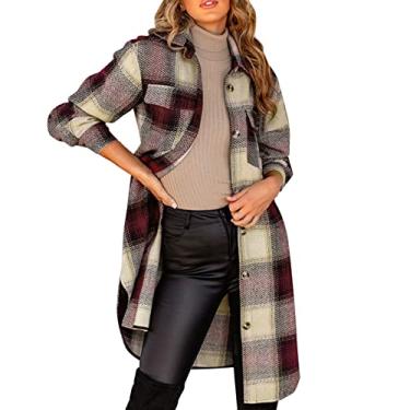 Imagem de Jaqueta feminina xadrez longa gola abotoada camisa casual negócios roupas para inverno primavera, Vermelho, M
