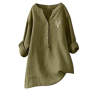 Imagem de Camisetas femininas de algodão e linho de manga comprida 2024 casual cor sólida gola V abotoadas tops grandes de verão, Caqui, P