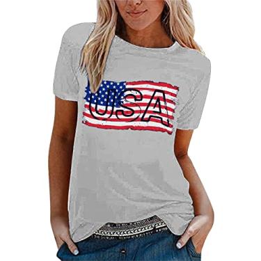Imagem de Camisetas femininas 4 de julho verão bandeira americana listras estrelas tops manga curta túnica Memorial Day Patriotic Festival, Gy1, XXG