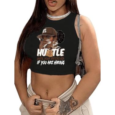 Imagem de WDIRARA Camiseta regata feminina com estampa de letras, sem mangas, estilo urbano, gola redonda, Preto, P