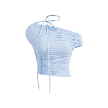 Imagem de BEAUDRM Camiseta feminina de verão com ombros de fora e caimento justo, Azul, M