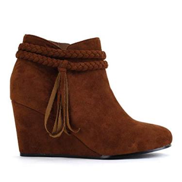 Imagem de Fashare bota feminina anabela cano curto trançado tira franja salto ocidental botas de inverno, 2-dark Brown(faux Suede), 5.5-6